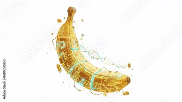 Fototapeta Digital AI generated banana with glowing technological effects and particle dispersion showcasing artificial intelligence creative capabilities in modern art