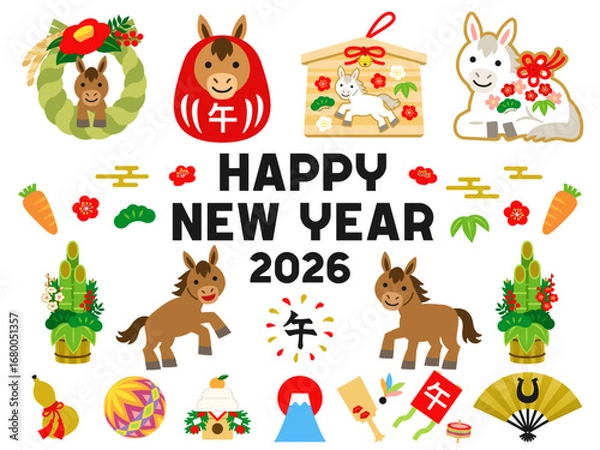 Obraz 午年のお正月のイラストセット
