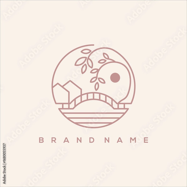 Fototapeta line art tree house with bridge and river logo vector