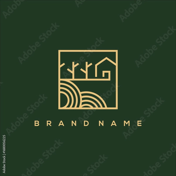Fototapeta line art house trees and field logo vector