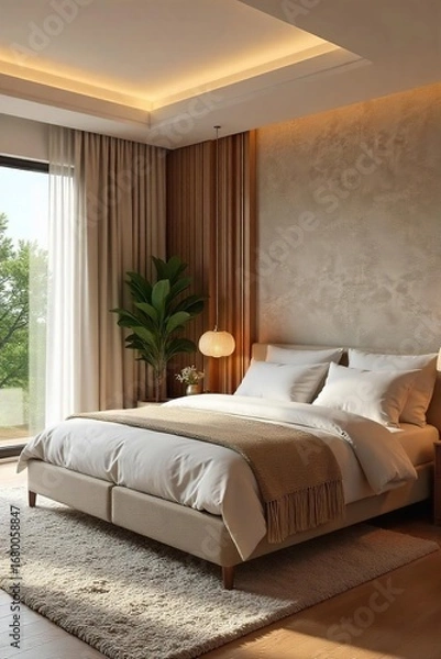 Fototapeta Serene bedroom interior featuring a plush bed, soft lighting, and natural wood accents, creating a calm and inviting atmosphere  Perfect for relaxation and peaceful sleep ,  rustic,  aesthetic