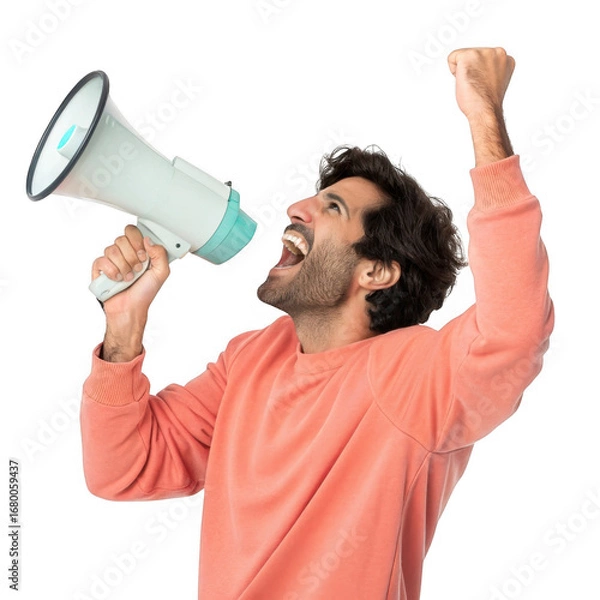Obraz Man enthusiastically shouting into a megaphone with his fist raised isolated on transparent background