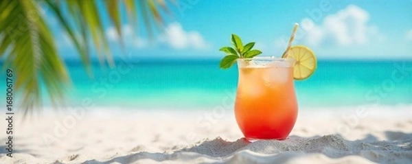 Fototapeta Relaxing beach scene with vibrant cocktails, turquoise water, and white sand  Perfect for summer vacation, travel, and tropical getaway promotions ,  refreshment,  lemon