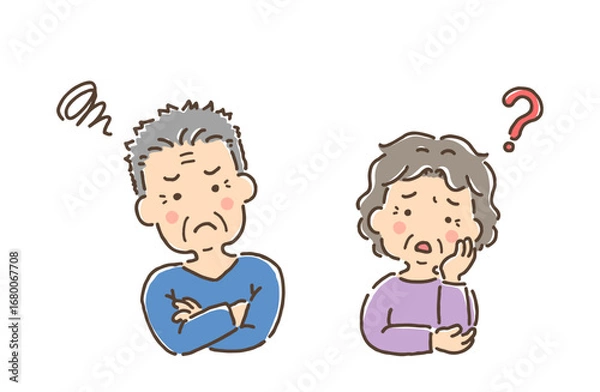 Fototapeta 困っている高齢の男性・疑問に思っている高齢女性（フルカラー）