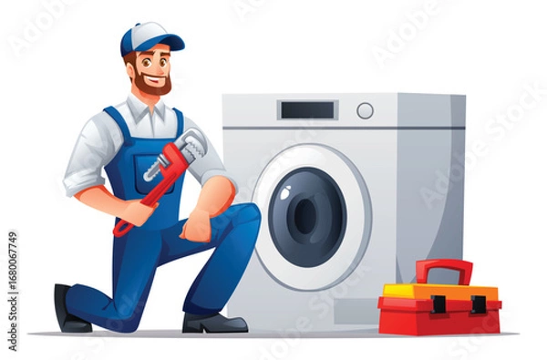 Fototapeta Plumber kneeling with a wrench next to a washing machine and a toolbox. Vector cartoon illustration