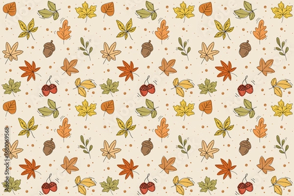 Fototapeta Seamless autumn pattern with leaves and acorns for decorating fabrics and festivals.