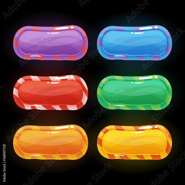 Fototapeta Colorful rectangle or oval glossy buttons set with candy texture on frame, vector assets for web or game design, app icons vector template isolated on black background.