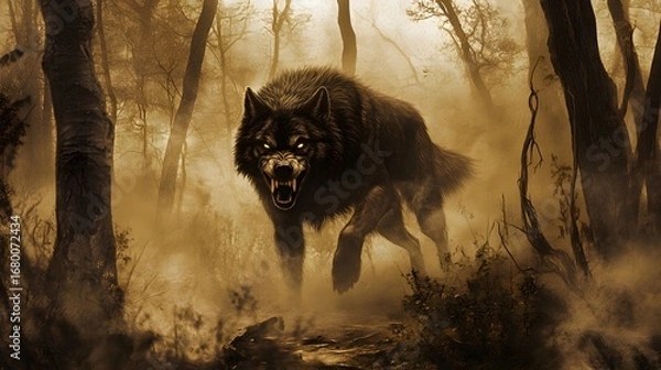 Fototapeta Menacing wolf-like beast snarling with glowing eyes in a fog-shrouded forest, poised to pounce in a dark fantasy nightmare.