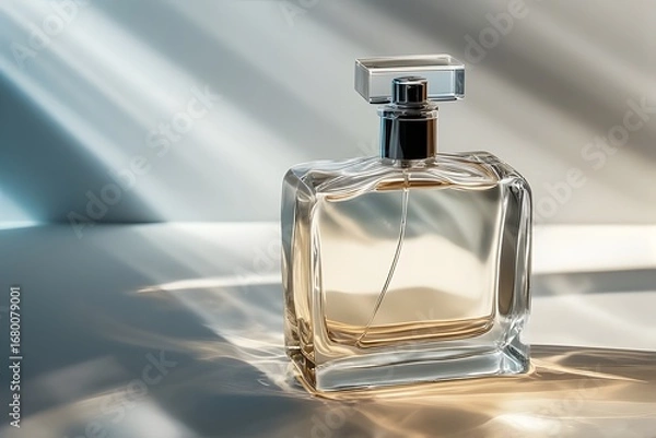 Fototapeta Elegant perfume bottle with modern design and captivating light reflections creating a luxurious ambiance