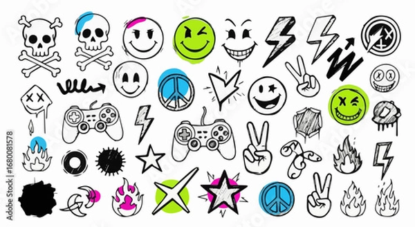 Fototapeta Edgy Doodle Icon Pack for Apparel, Skateboard, and Merchandise Design
