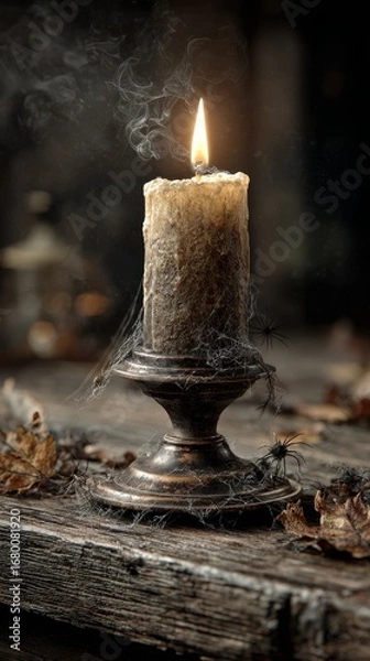 Obraz Hyper realistic Victorian Halloween scene with antique brass candle holder and lit beeswax candle on dusty wooden table, surrounded by dried leaves, spiderwebs, spectral mist, and low light