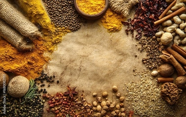 Fototapeta Spices and herbs border a blank parchment space, arranged with sacks