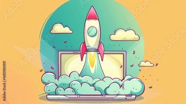 Obraz Colorful rocket launch from computer screen with vibrant clouds
