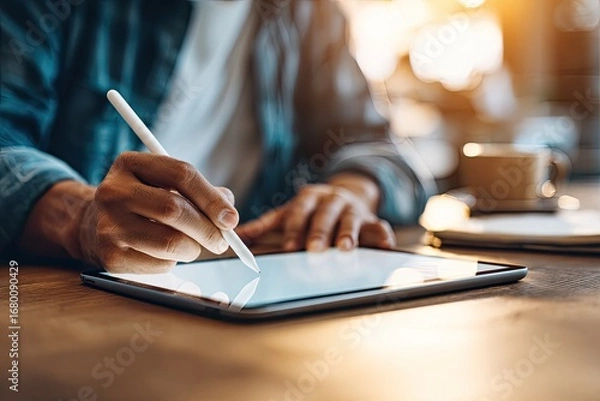 Fototapeta Close-up of person using stylus on tablet.  Sunlight streams in, highlighting the device and hands