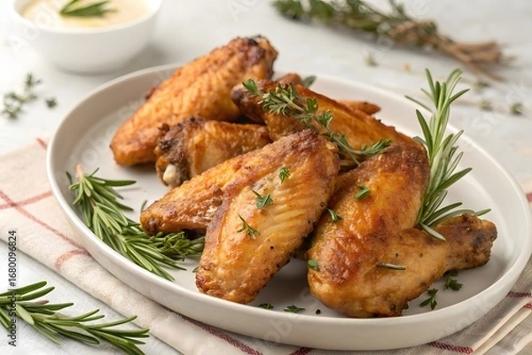 Fototapeta Crispy fried and roasted chicken wings with sauce on a plate