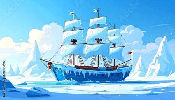Fototapeta Frozen sailing ship in arctic landscape