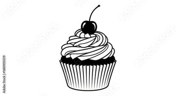 Fototapeta Hand-drawn style cupcake with swirled frosting and cherry topping minimalist line art dessert treat