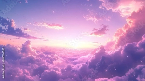 Fototapeta 24.A subtle vector artwork in clean anime style, featuring soft evening clouds in muted pink and purple hues, with the sky transitioning to a peaceful twilight, perfect for a calming and aesthetic