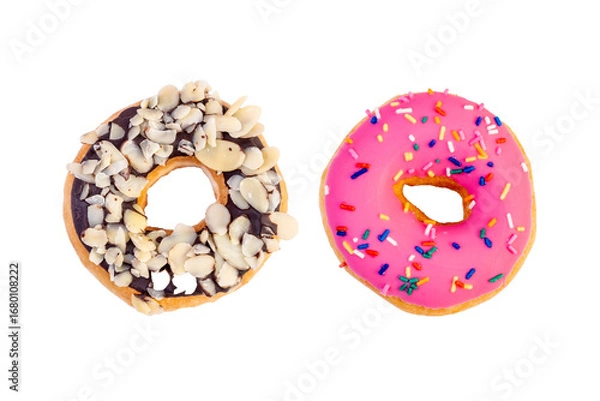 Fototapeta Chocolates donut close-up on a white background. Colorful Chocolate covered donuts with colorful sprinkles.