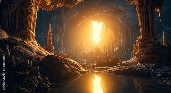 Fototapeta Mysterious Cave Entrance with Glowing Light.