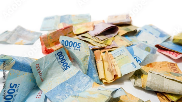 Fototapeta Scattered Indonesian Rupiah Banknotes on White Background