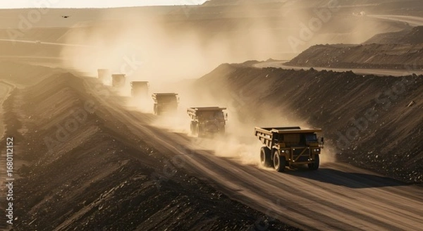 Fototapeta Industrial Haul Trucks Traverse a Dusty Open-pit Mine at Sunset