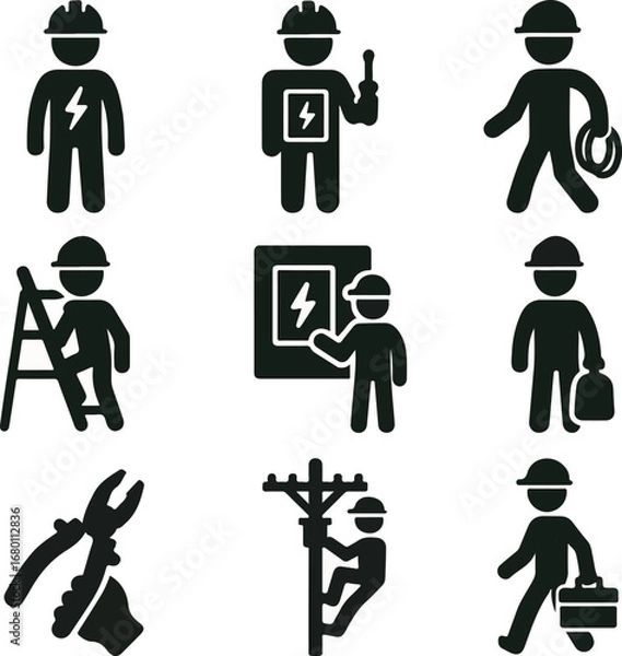 Obraz Electrician icons set showcasing electrical work, repairs, and safety in a modern, professional style