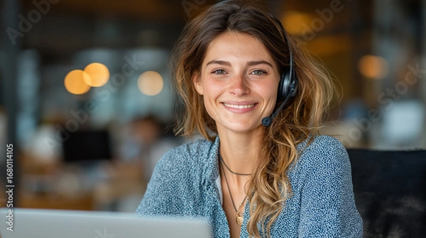 Fototapeta Friendly customer service rep with headset smiles at camera
