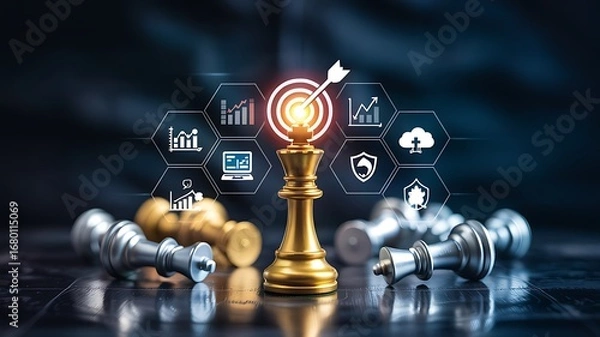 Fototapeta Golden chess king stands tall amidst fallen opponents on a chessboard with illuminated digital icons representing business success and strategic planning