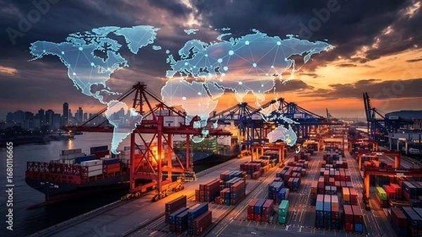 Fototapeta Global logistics network illustrated over a busy shipping port at sunset with interconnected digital nodes representing worldwide trade routes