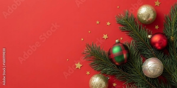 Fototapeta Festive christmas tree branch with red and gold ornaments and scattered golden stars on a vibrant red background