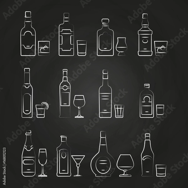 Fototapeta Alcoholic drinks line icons - white drinks icons on chalkboard