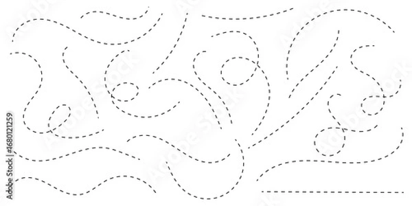 Fototapeta Hand drawn curve dotted line, Spiral dotted line hand drawn, Dotted lines path on white background. Path travel dotted line trip dashed trace destination track plan and silhouette, travelling symbol. 