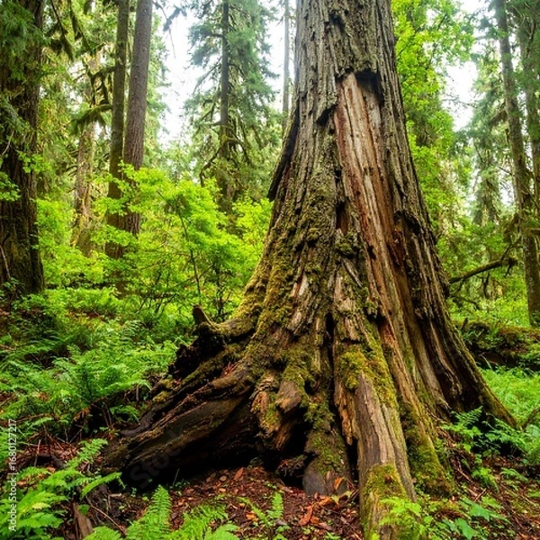 Fototapeta Majestic old growth redwood tree in a lush green forest with ferns and moss.