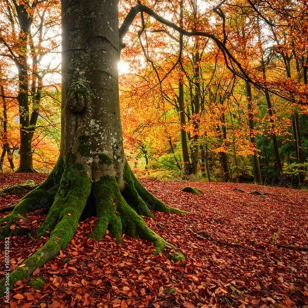 Fototapeta Majestic old tree with exposed roots in a vibrant autumn forest floor covered in fallen leaves.