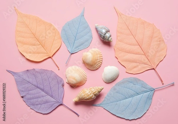 Fototapeta Pastel leaves and seashells on a pink background in a flat lay arrangement.