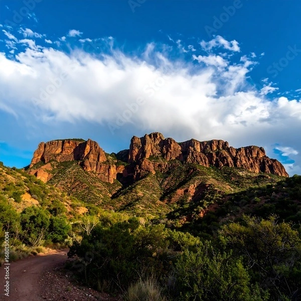 Fototapeta Majestic Red Rock Mountains Under a Dramatic Cloudy Sky.