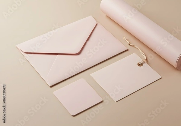 Fototapeta Pink stationery set with envelope, tag, card, and rolled paper on beige background.