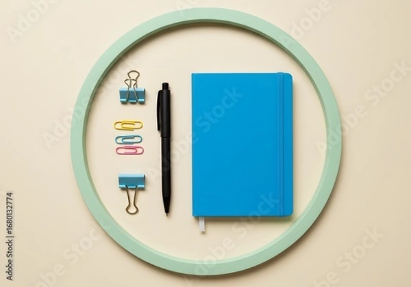 Fototapeta Blue notebook with pen and paperclips on a pastel background in a circle frame.