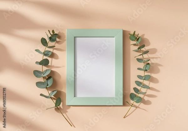Fototapeta Mint green frame with eucalyptus leaves on a beige background with shadows.