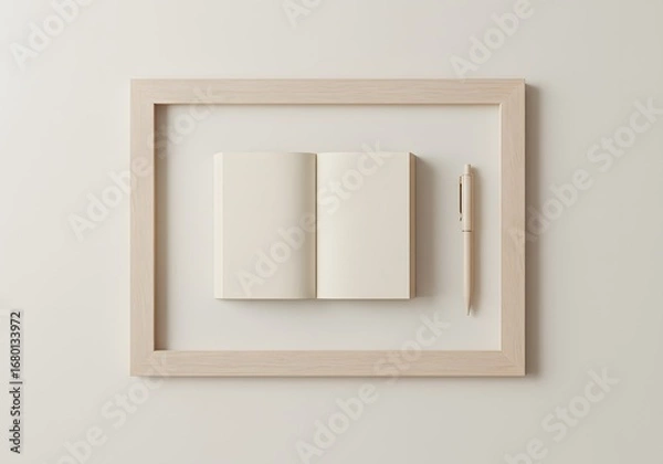 Fototapeta Open notebook and pen inside a wooden frame on a white background.