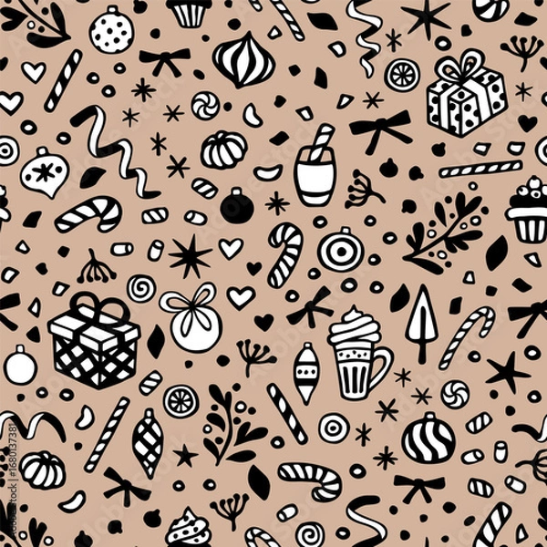 Fototapeta Vector seamless pattern with hand drawn doodles: sweets, gift boxes, bulbs, snowflakes and serpentine. Cute design for Christmas wrapping paper, textile, wallpaper and backgrounds.