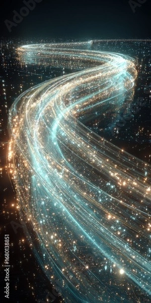 Obraz Long curved light trail glowing in blue and white against dark black background, sparkling glitter effects creating abstract futuristic motion design, energy flow and dynamic illumination concept