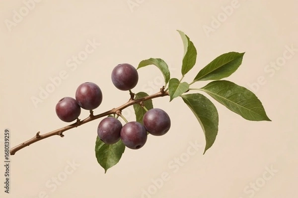 Obraz Ripe plums branch, studio shot, beige background, food