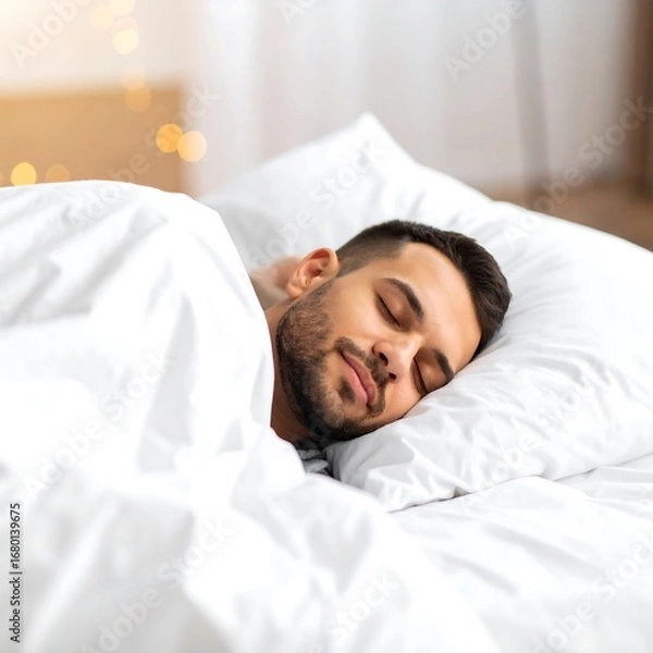 Fototapeta Man sleeping peacefully in a comfortable bed with white sheets.