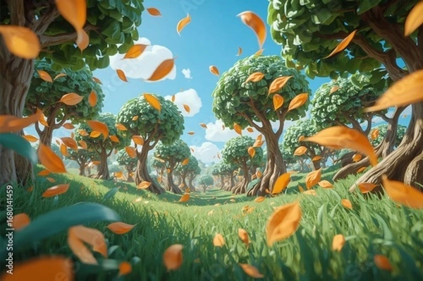 Obraz Autumn leaves fall in whimsical forest path