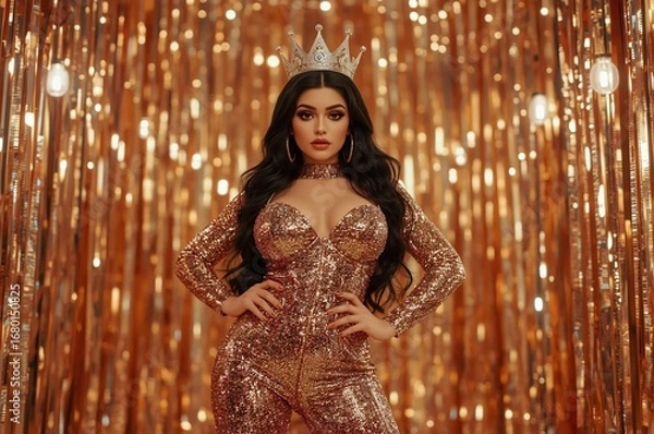 Obraz Confident queen posing, gold backdrop, studio