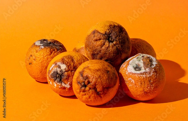 Fototapeta A small group of spoiled oranges on an orange-colored background and floor.