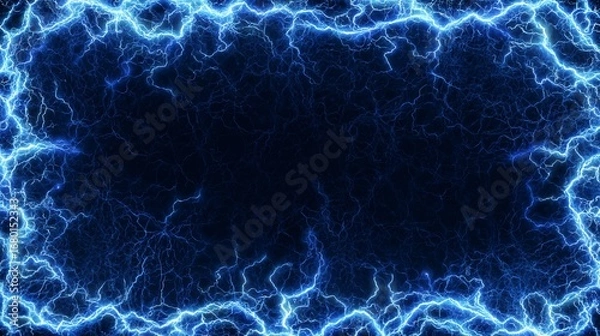 Fototapeta Dynamic, electric-blue lightning patterns frame a dark, central space, creating an intense visual effect.
