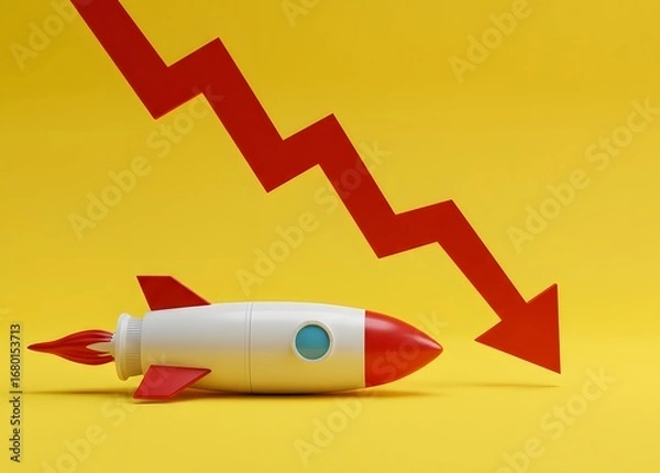 Fototapeta Rocket and red arrow down. Failed startup and failed advertising campaign. Problems in the space industry. Declining investor confidence or instability in ambitious tech sectors like aerospace